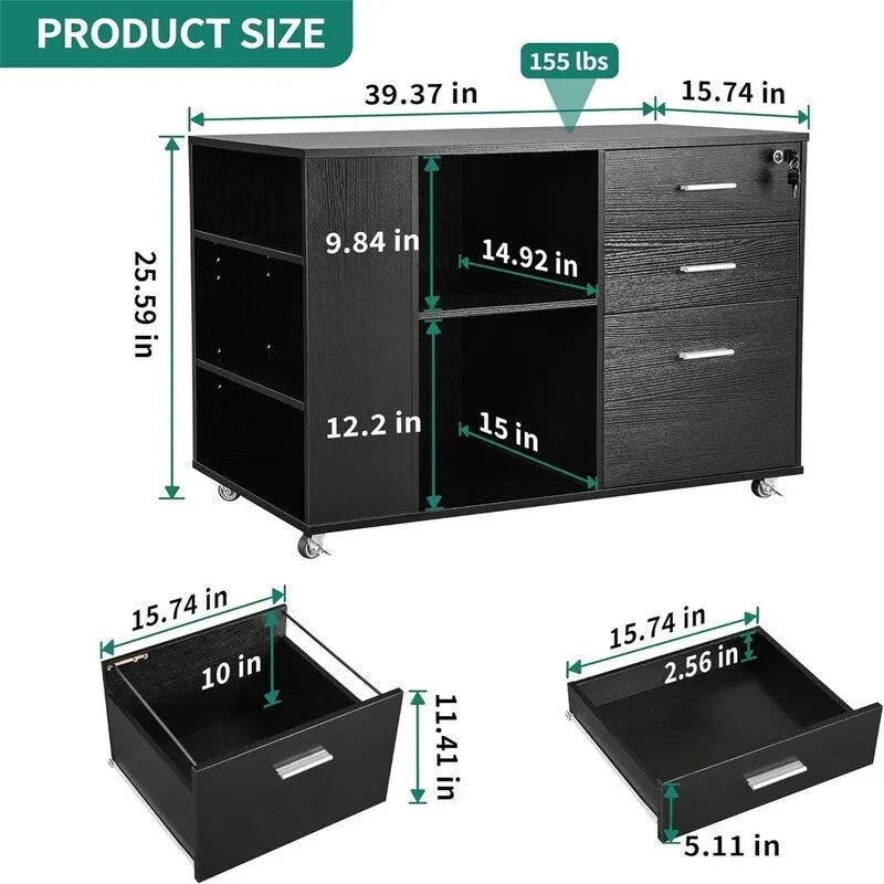 Black Wood Finish Mobile Lateral Filing Cabinet with 3 Drawers and Open Shelves