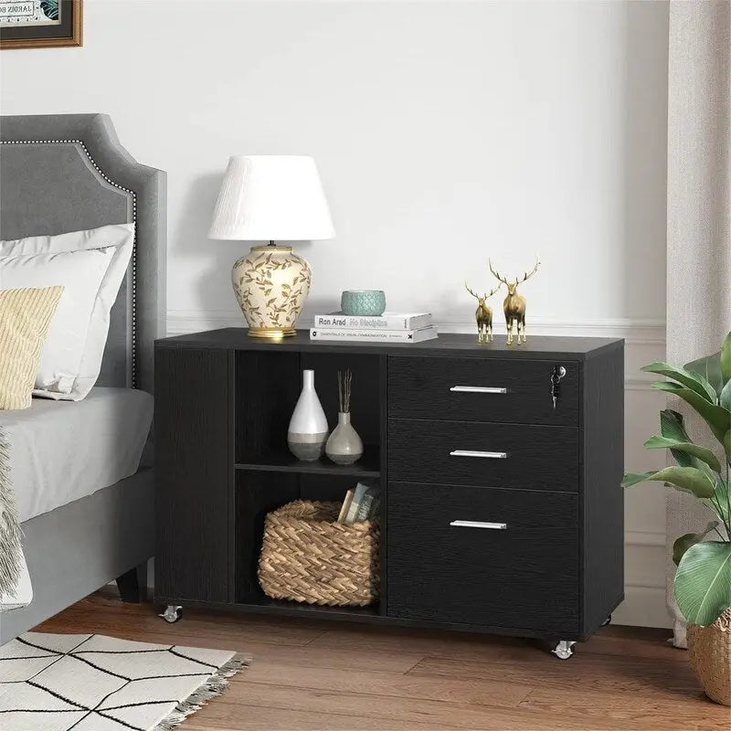 Black Wood Finish Mobile Lateral Filing Cabinet with 3 Drawers and Open Shelves