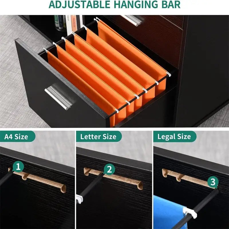 Black Wood Finish Mobile Lateral Filing Cabinet with 3 Drawers and Open Shelves