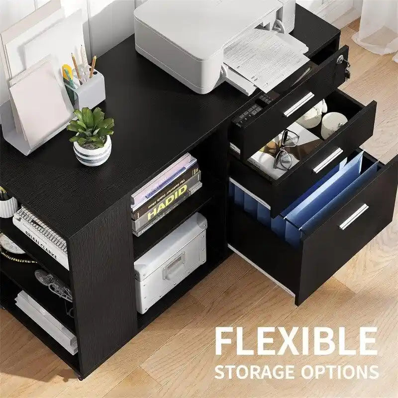 Black Wood Finish Mobile Lateral Filing Cabinet with 3 Drawers and Open Shelves