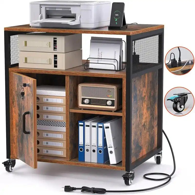Rolling File Cabinet with Lock, Charging Station, Rustic Brown