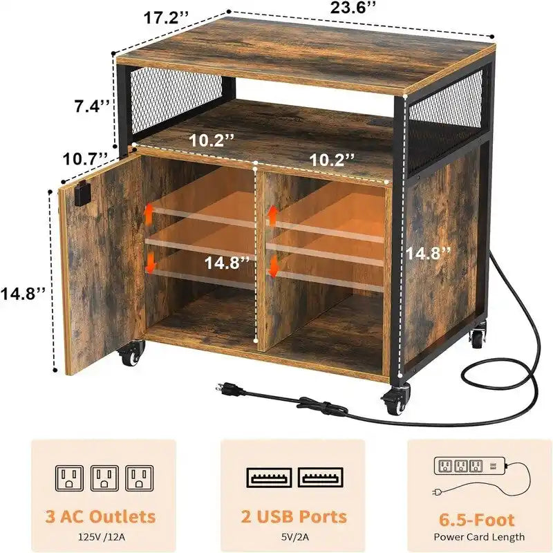 Rolling File Cabinet with Lock, Charging Station, Rustic Brown