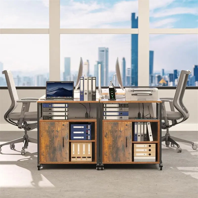 Rolling File Cabinet with Lock, Charging Station, Rustic Brown