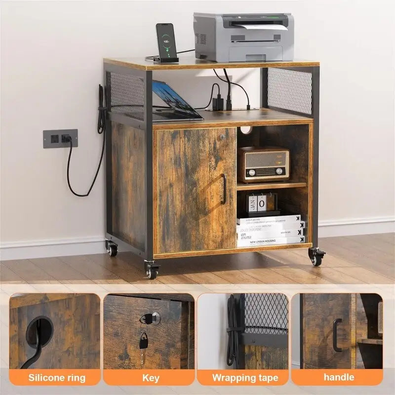 Rolling File Cabinet with Lock, Charging Station, Rustic Brown