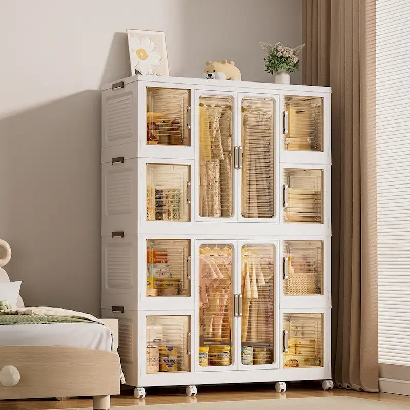 White Foldable Kids Wardrobe Closet with Magnetic Doors and Hanging Rods