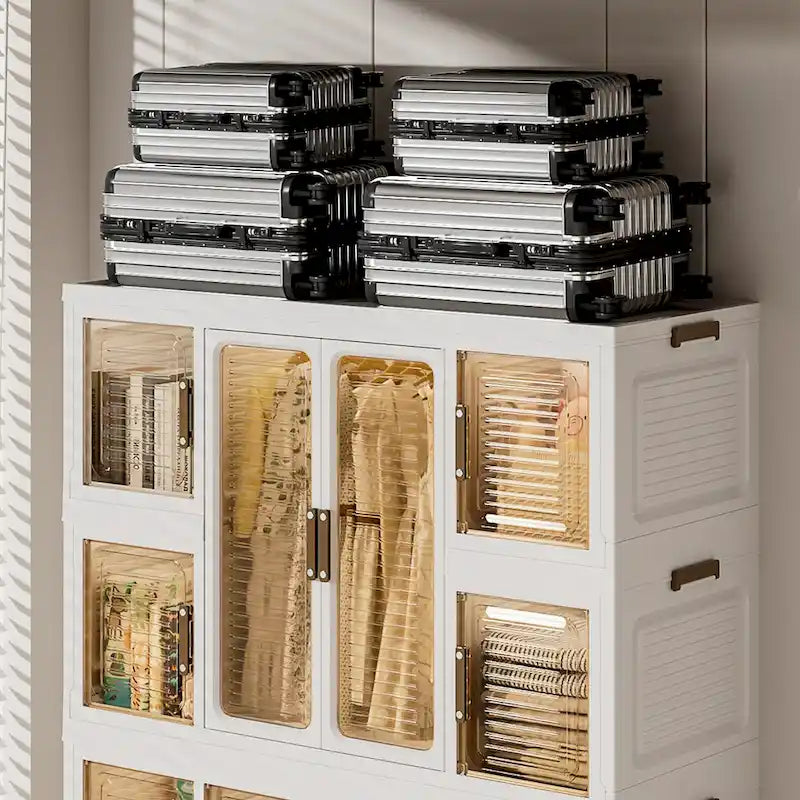 White Foldable Kids Wardrobe Closet with Magnetic Doors and Hanging Rods
