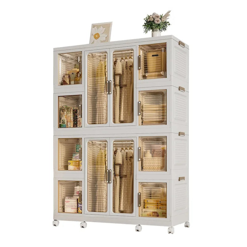 White Foldable Kids Wardrobe Closet with Magnetic Doors and Hanging Rods