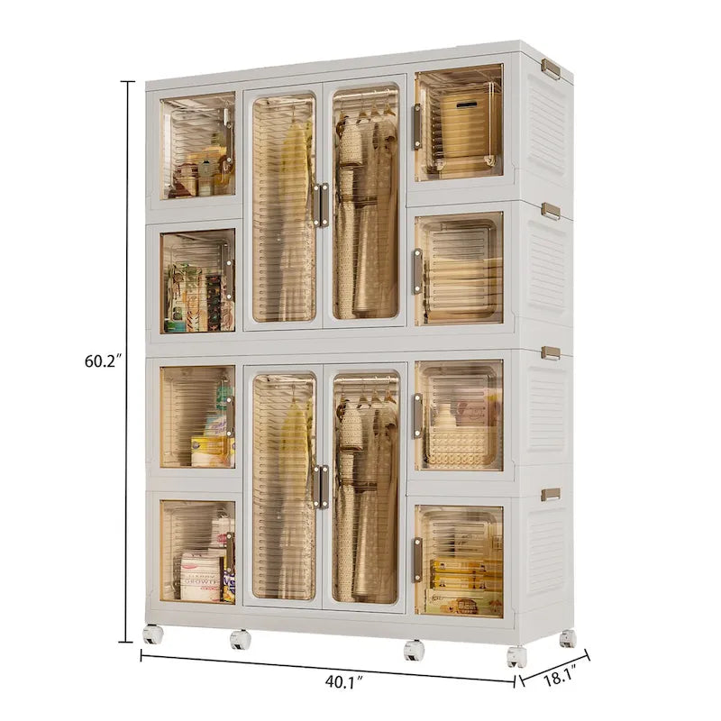 White Foldable Kids Wardrobe Closet with Magnetic Doors and Hanging Rods
