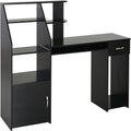 Black Wood Grain Home Office Computer Desk with Bookshelf Keyboard Tray Drawer