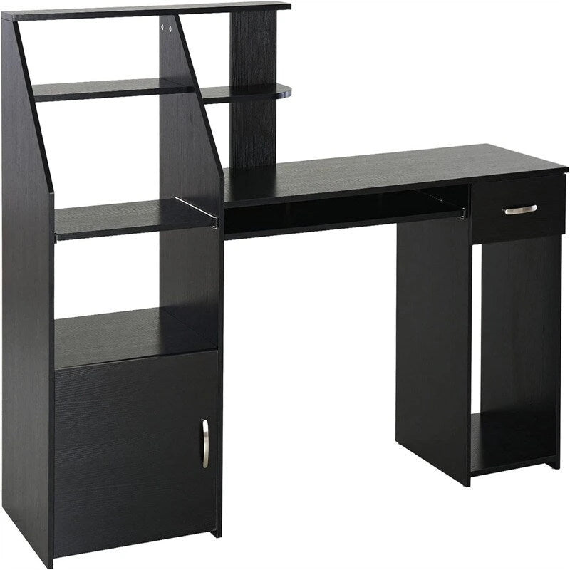 Black Wood Grain Home Office Computer Desk with Bookshelf Keyboard Tray Drawer