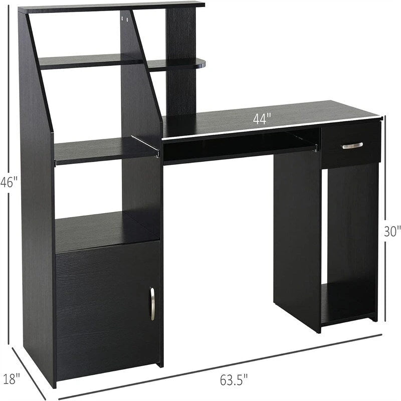 Black Wood Grain Home Office Computer Desk with Bookshelf Keyboard Tray Drawer