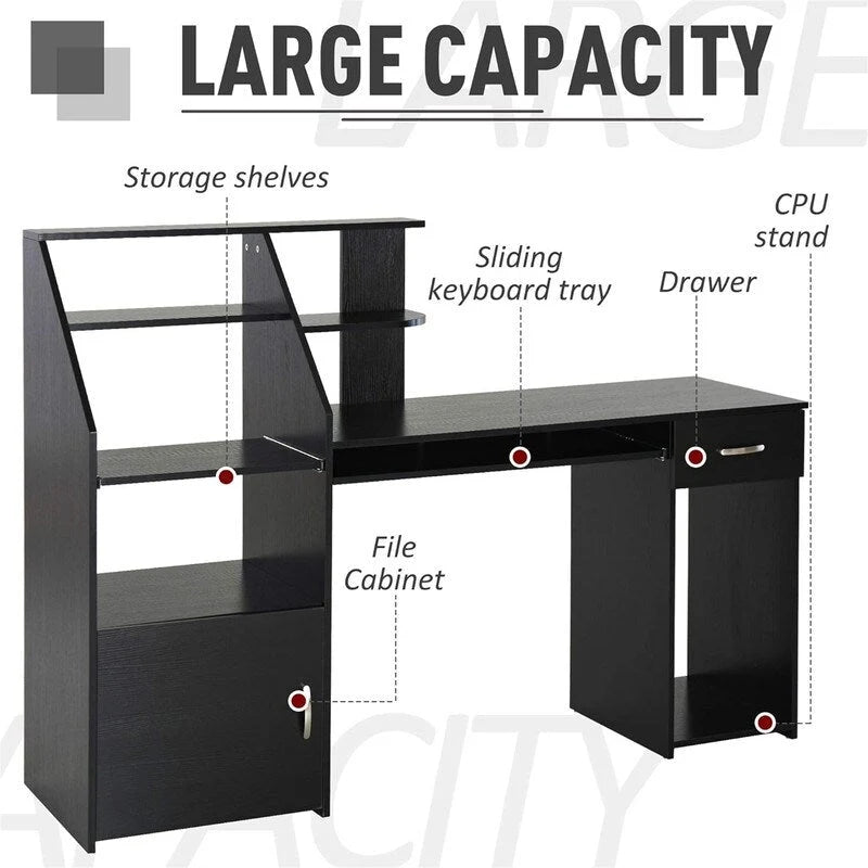 Black Wood Grain Home Office Computer Desk with Bookshelf Keyboard Tray Drawer