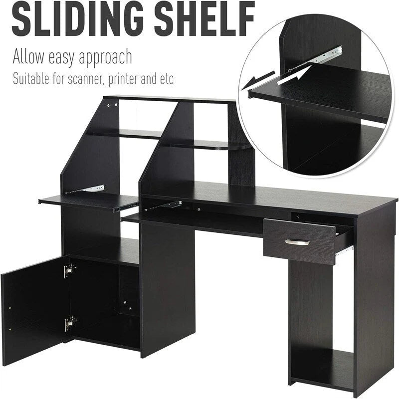 Black Wood Grain Home Office Computer Desk with Bookshelf Keyboard Tray Drawer