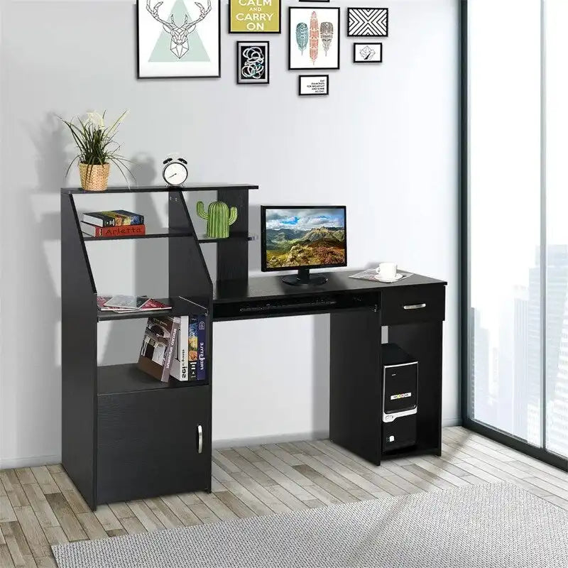 Black Wood Grain Home Office Computer Desk with Bookshelf Keyboard Tray Drawer