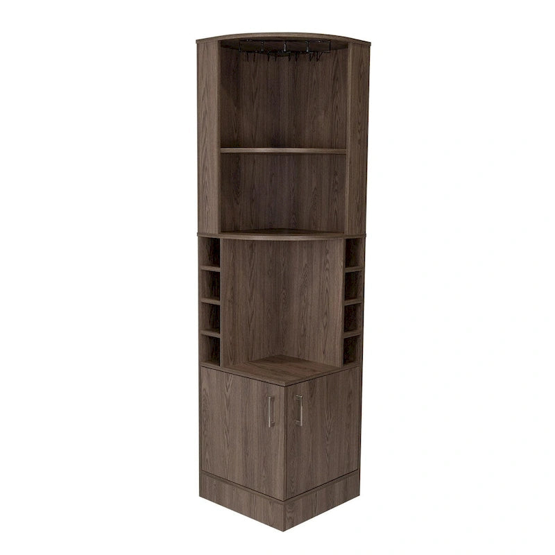 Corner Bar Cabinet Dark Walnut with Open Shelves Wine Rack Glass Holder Brown