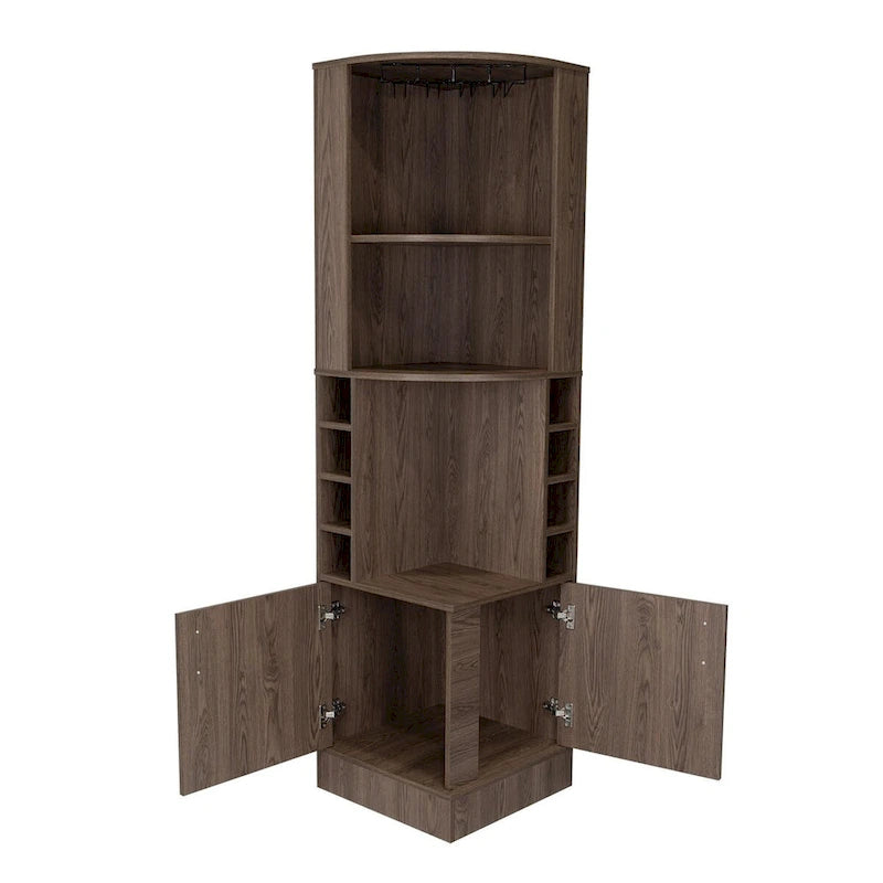 Corner Bar Cabinet Dark Walnut with Open Shelves Wine Rack Glass Holder Brown