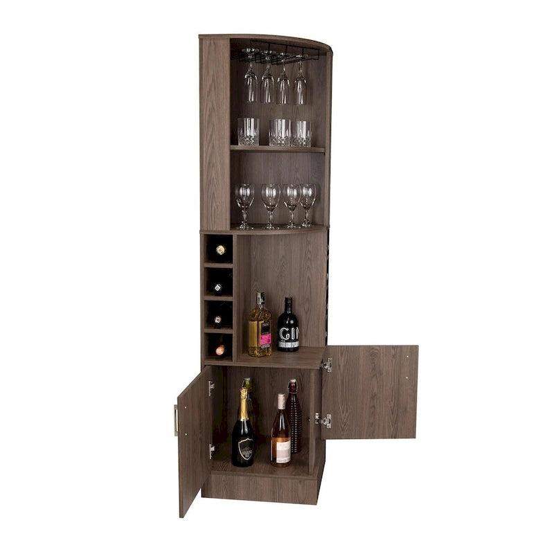 Corner Bar Cabinet Dark Walnut with Open Shelves Wine Rack Glass Holder Brown