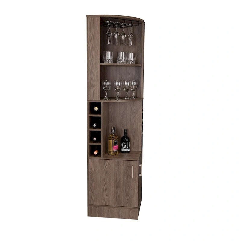 Corner Bar Cabinet Dark Walnut with Open Shelves Wine Rack Glass Holder Brown