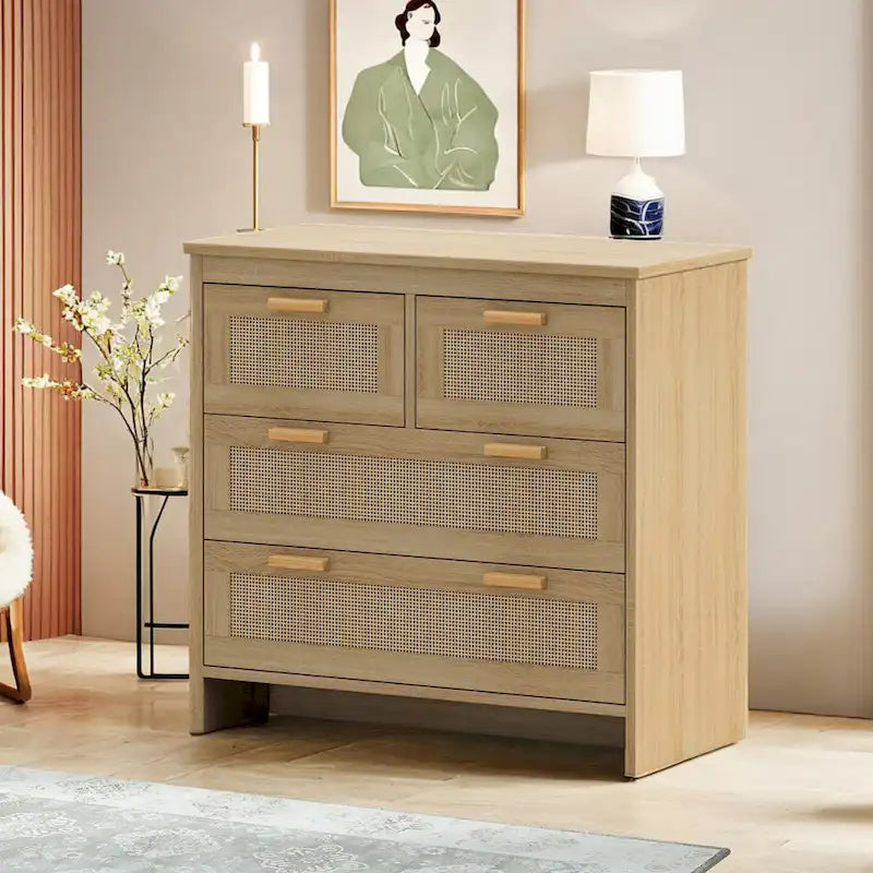 Natural Rattan 4-Drawer Wood Dresser Chest with Smooth Glide Rails