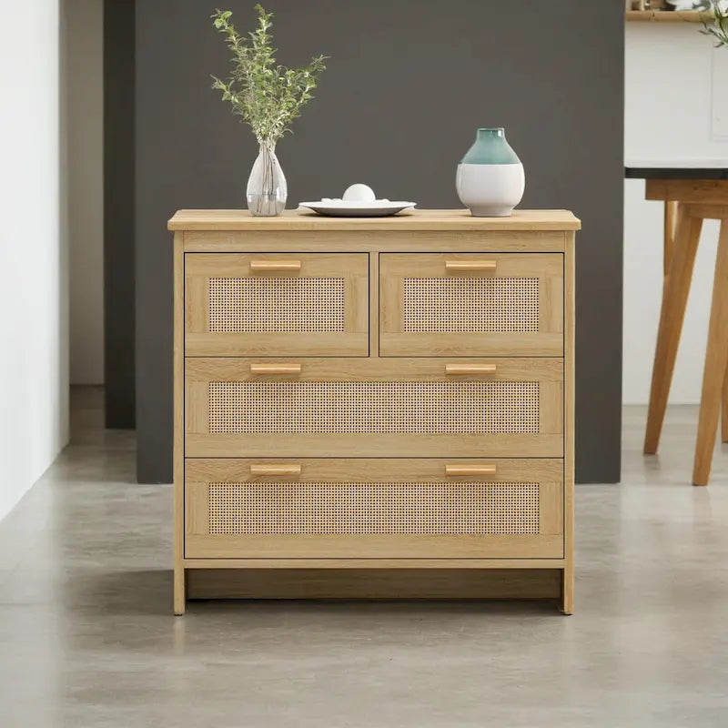 Natural Rattan 4-Drawer Wood Dresser Chest with Smooth Glide Rails