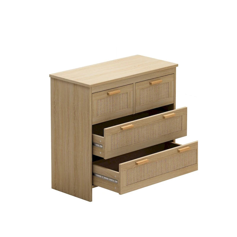 Natural Rattan 4-Drawer Wood Dresser Chest with Smooth Glide Rails