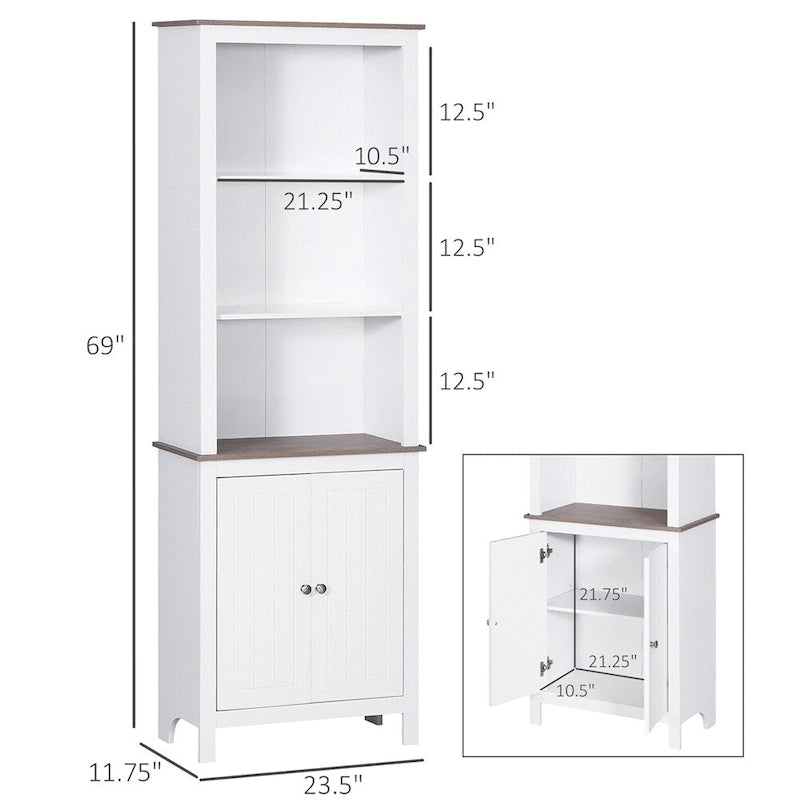 White Freestanding Tall Storage Cabinet with Open Shelves and Door