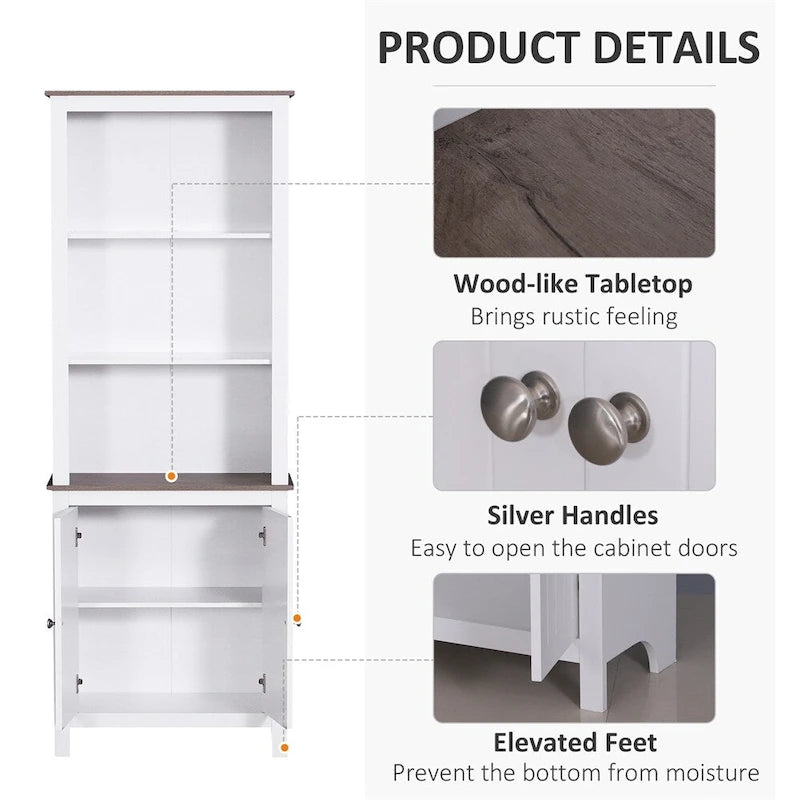 White Freestanding Tall Storage Cabinet with Open Shelves and Door