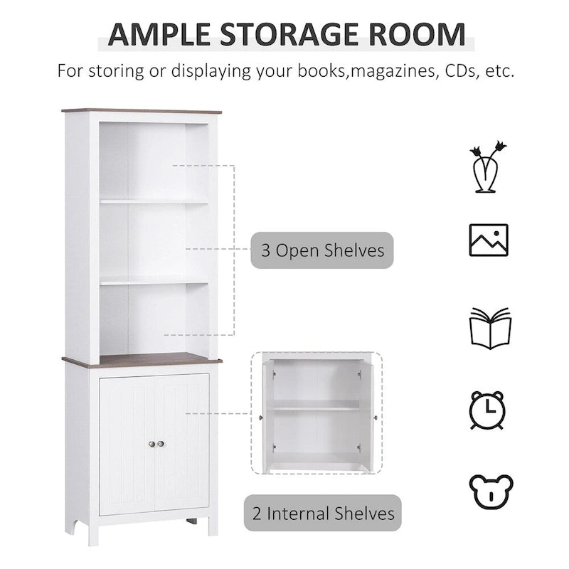 White Freestanding Tall Storage Cabinet with Open Shelves and Door