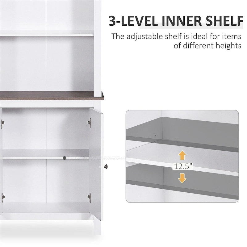 White Freestanding Tall Storage Cabinet with Open Shelves and Door