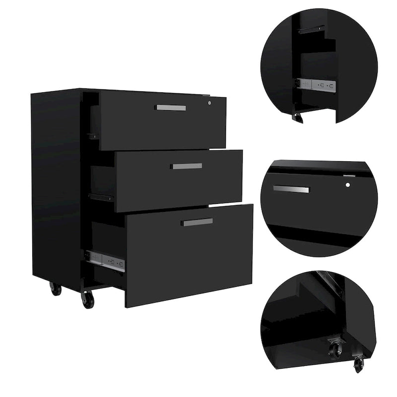 3-Drawer Rolling Storage Cabinet with Casters and Lock Black Wengue