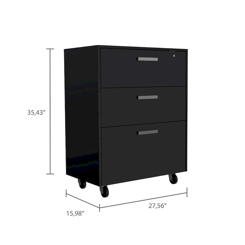 3-Drawer Rolling Storage Cabinet with Casters and Lock Black Wengue