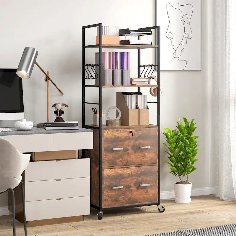 Industrial Brown Rolling File Cabinet with Open Shelves and Locking Drawers