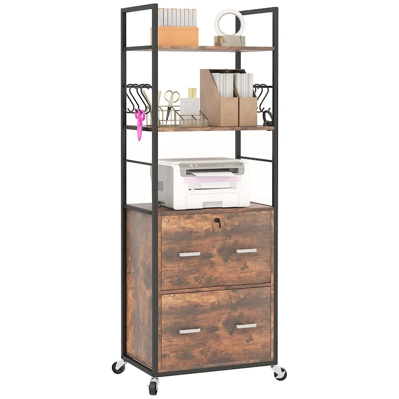 Industrial Brown Rolling File Cabinet with Open Shelves and Locking Drawers