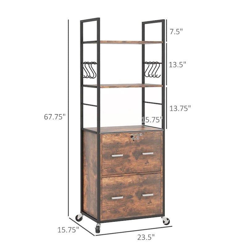 Industrial Brown Rolling File Cabinet with Open Shelves and Locking Drawers