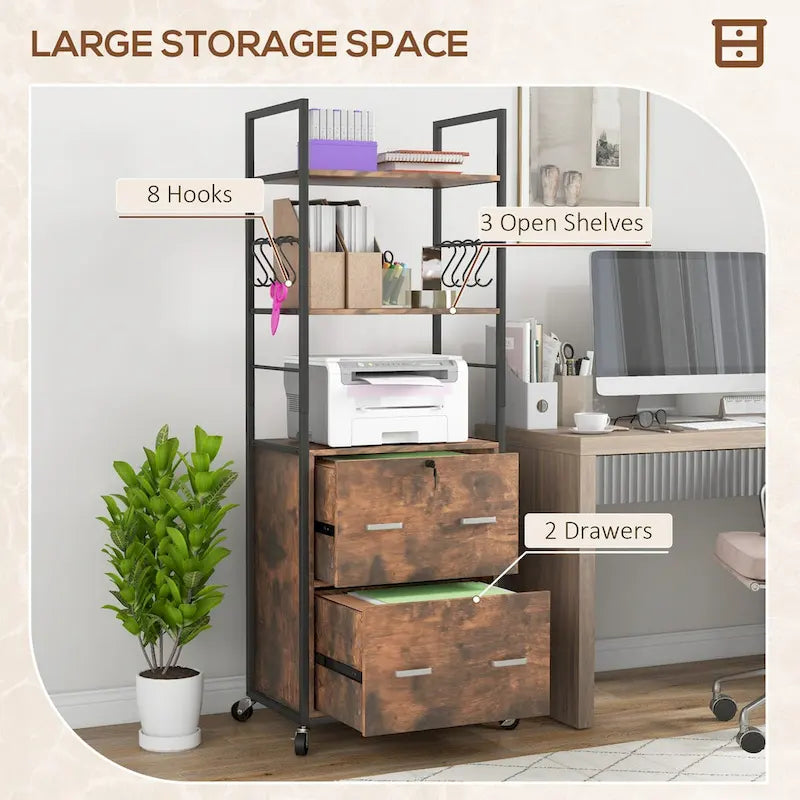 Industrial Brown Rolling File Cabinet with Open Shelves and Locking Drawers
