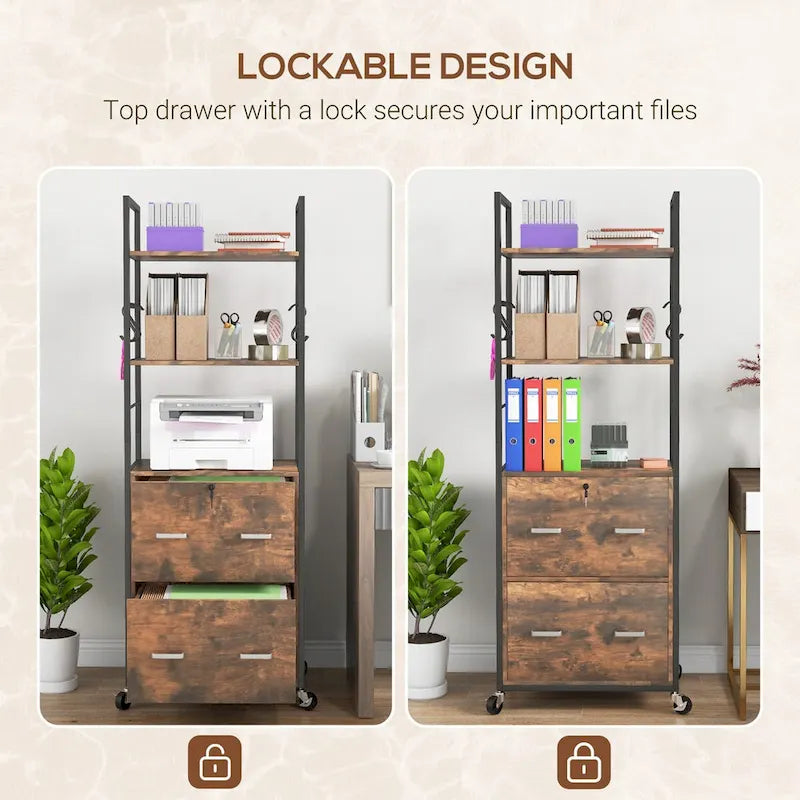 Industrial Brown Rolling File Cabinet with Open Shelves and Locking Drawers