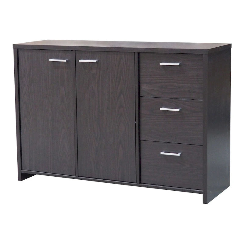 Modern Oak Chocolate Buffet Cabinet with Drawers and Storage Doors
