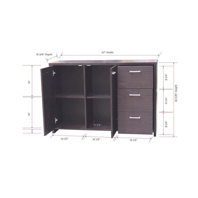Modern Oak Chocolate Buffet Cabinet with Drawers and Storage Doors