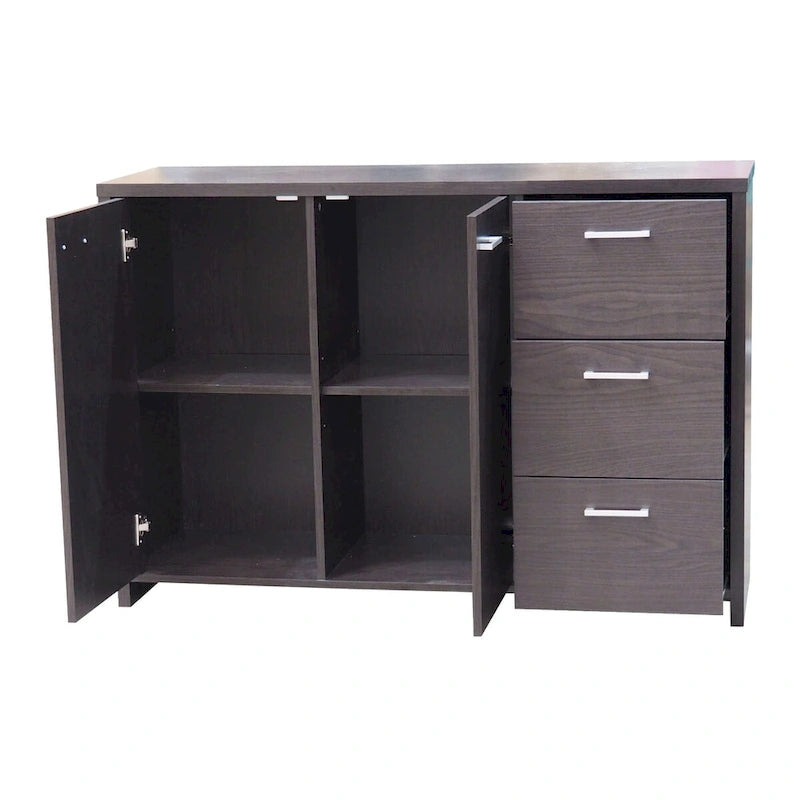 Modern Oak Chocolate Buffet Cabinet with Drawers and Storage Doors