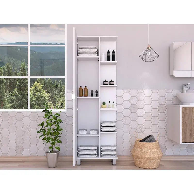 White Corner Storage Cabinet with Five Open Shelves and Single Door