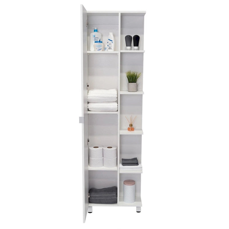 White Corner Storage Cabinet with Five Open Shelves and Single Door