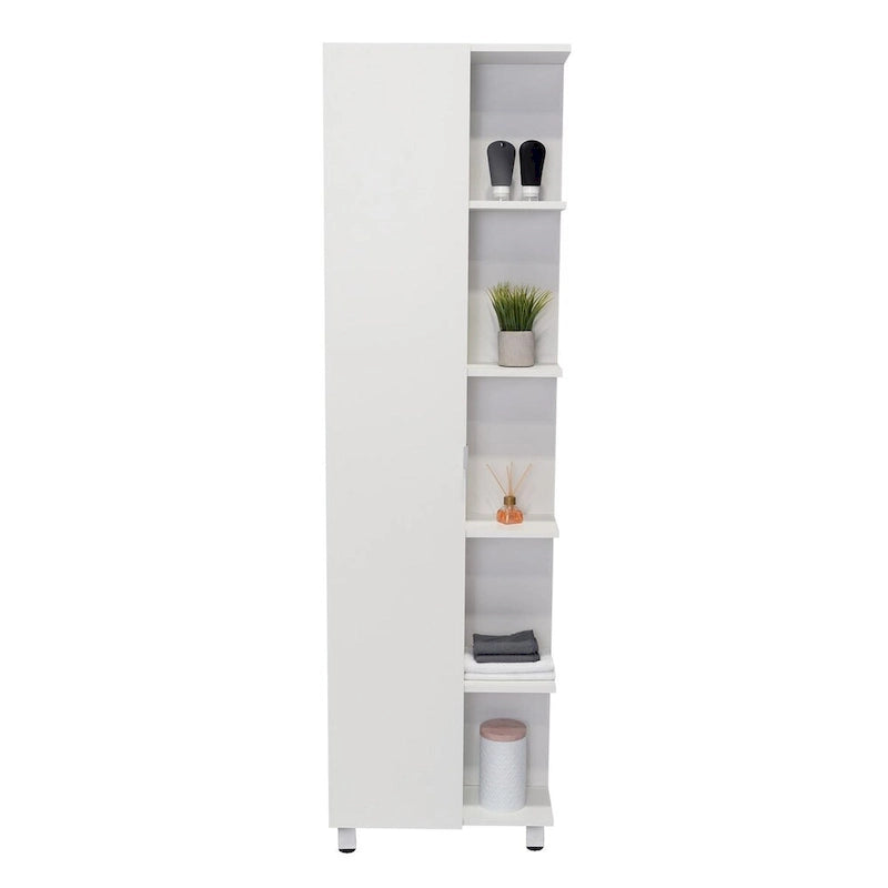White Corner Storage Cabinet with Five Open Shelves and Single Door