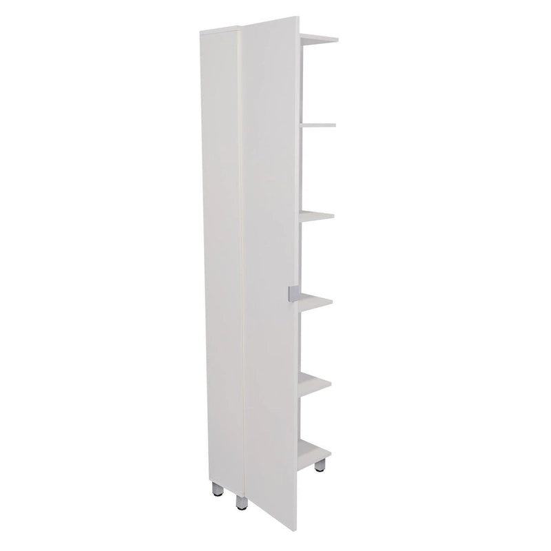 White Corner Storage Cabinet with Five Open Shelves and Single Door