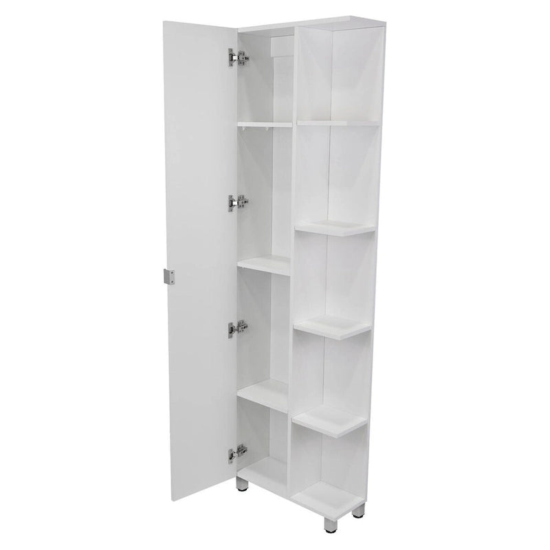 White Corner Storage Cabinet with Five Open Shelves and Single Door