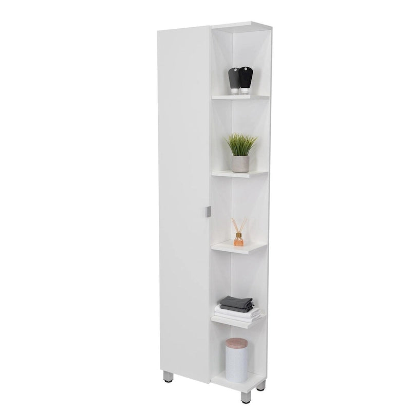 White Corner Storage Cabinet with Five Open Shelves and Single Door