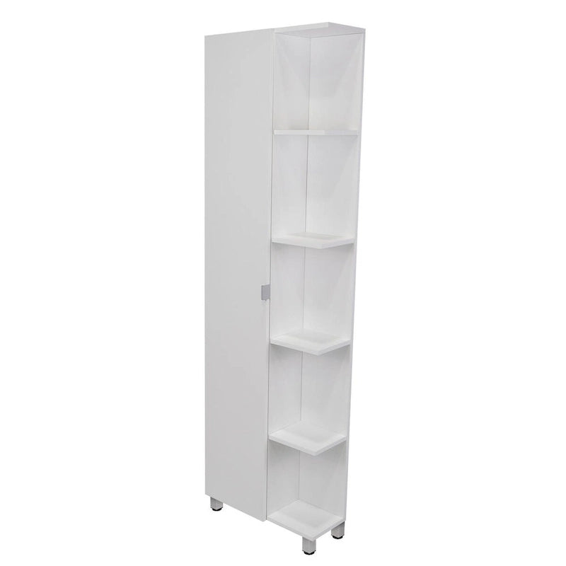 White Corner Storage Cabinet with Five Open Shelves and Single Door