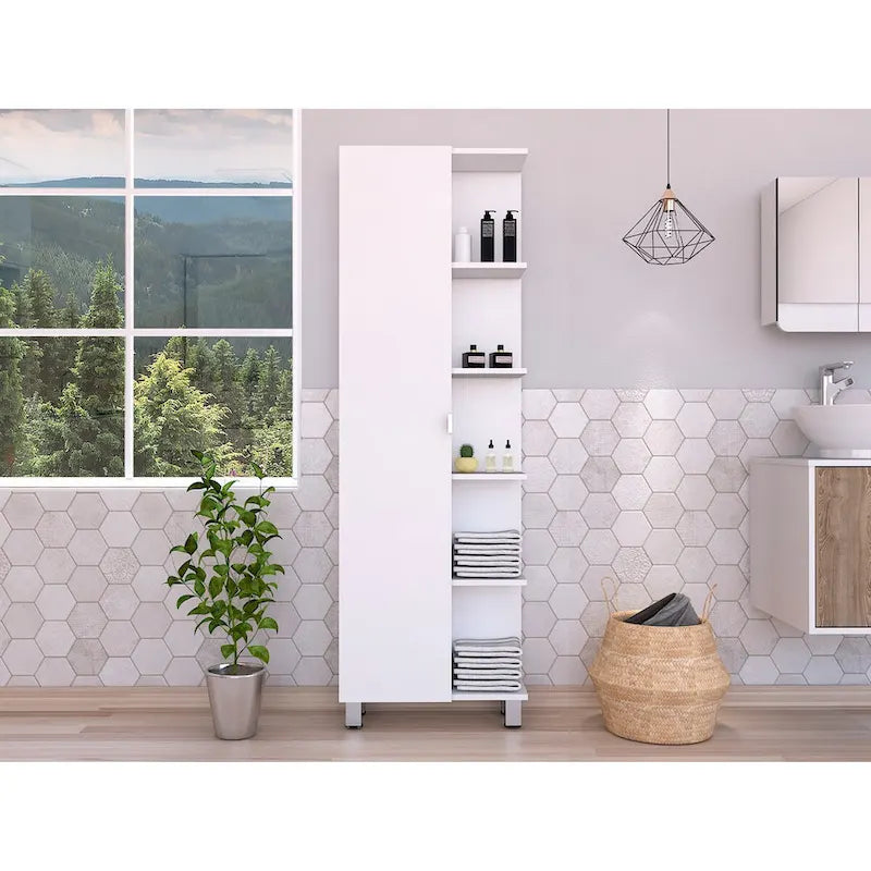 White Corner Storage Cabinet with Five Open Shelves and Single Door