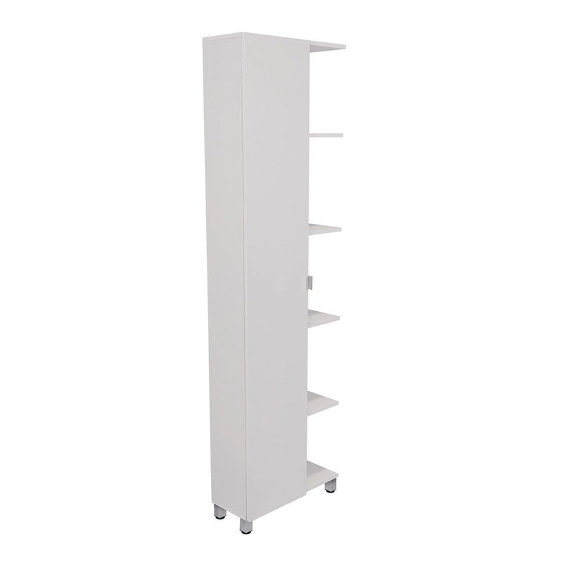 White Corner Storage Cabinet with Five Open Shelves and Single Door