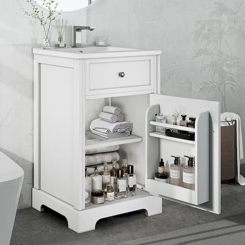 20-Inch White Bathroom Vanity Cabinet with Ceramic Sink Soft-Close Door