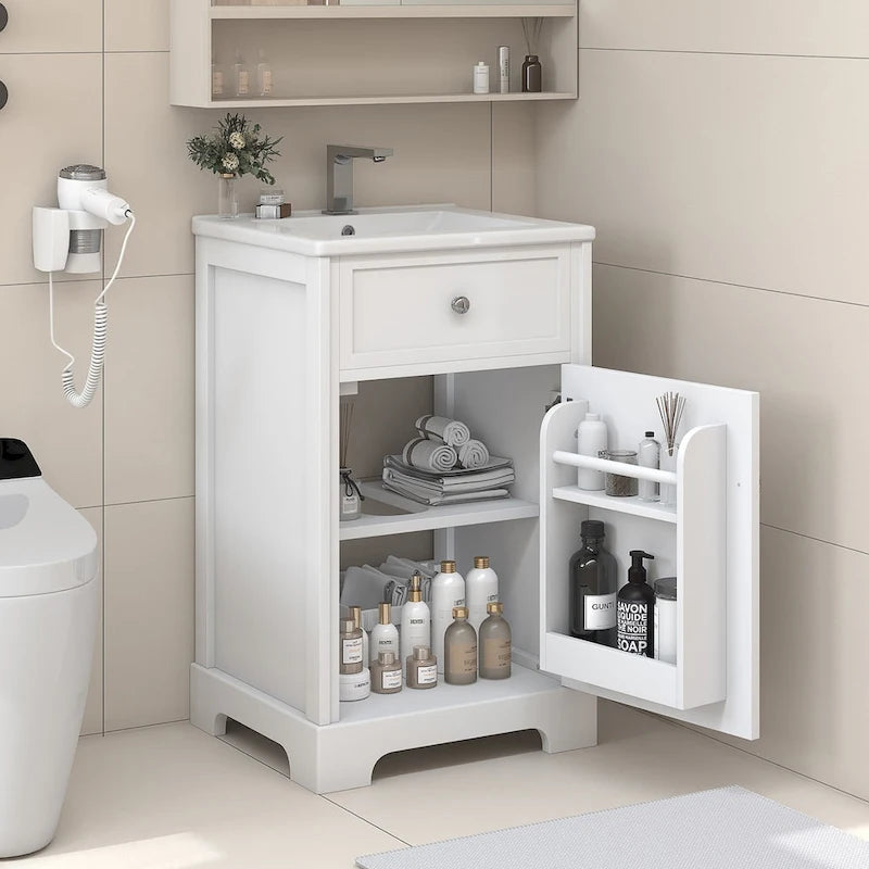 20-Inch White Bathroom Vanity Cabinet with Ceramic Sink Soft-Close Door